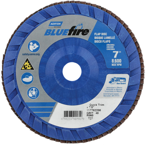 BlueFire Quick Trim Flap Disc, 7" x 7/8", Type 27, 40 Grit, Zirconia Alumina Superchem Industries
