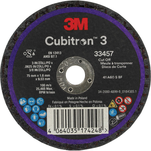 Meule &agrave; tronçonner Cubitron 3, 3" x 0,063", Arbre de 3/8", C&eacute;ramique Superchem Industries