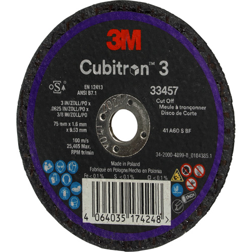Meule &agrave; tronçonner Cubitron 3, 3" x 0,063", Arbre de 3/8", C&eacute;ramique Superchem Industries