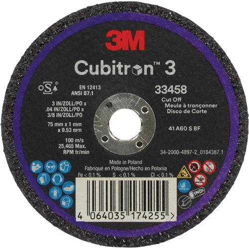 Meule &agrave; tronçonner Cubitron 3, 3" x 0,039", Arbre de 3/8", C&eacute;ramique Superchem Industries