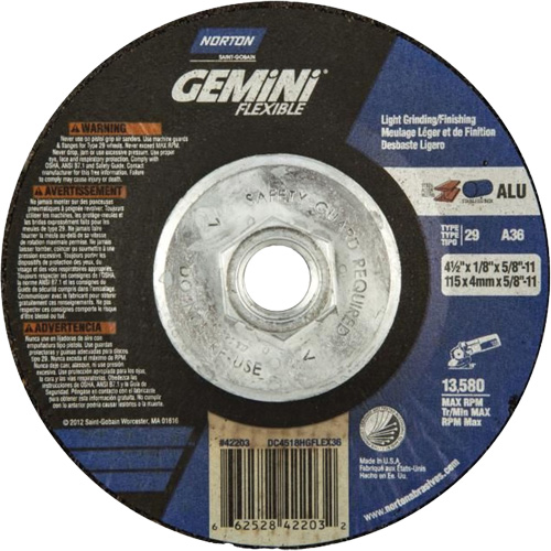Gemini Flexible A AO Grinding and Cutting Wheel, 4-1/2" x 1/8", 5/8"-11 Arbor, Type 29, Aluminum Oxide, 13580 RPM Superchem Industries