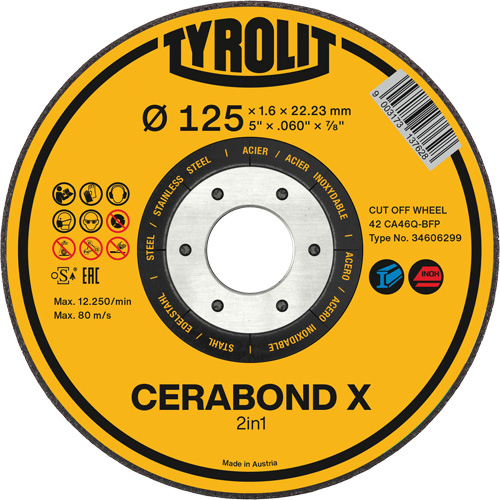 Meule &agrave; tronçonner pour acier et acier inoxydable CERABOND X, 4-1/2" x 0,6", Arbre de 7/8", Type 1, C&eacute;ramique, 12250 Tr/min Superchem Industries