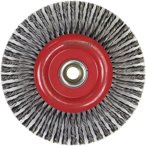 Brosse &agrave; fils nou&eacute;s pour cordons de soudure pour meuleuse angulaire, Dia. 6", Fils 0,02", Arbre 5/8"-11, Acier Superchem Industries
