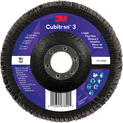 Cubitron 3 Flat Flap Disc 1169F, 5" x 7/8", Type T27, 40+ Grit, Ceramic Superchem Industries