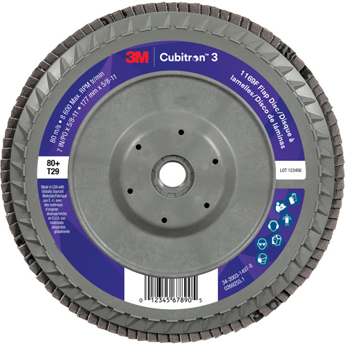 Disque &agrave; lamelles plate 1169F Cubitron 3, 7" x 5/8"-11, Type T29, Grain 80+, C&eacute;ramique Superchem Industries