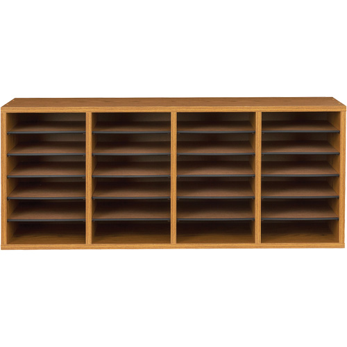 Adjustable Compartment Literature Organizer, Stationary, 24 Slots, Wood, 39-1/4" W x 11-3/4" D x 16-1/4" H Superchem Industries