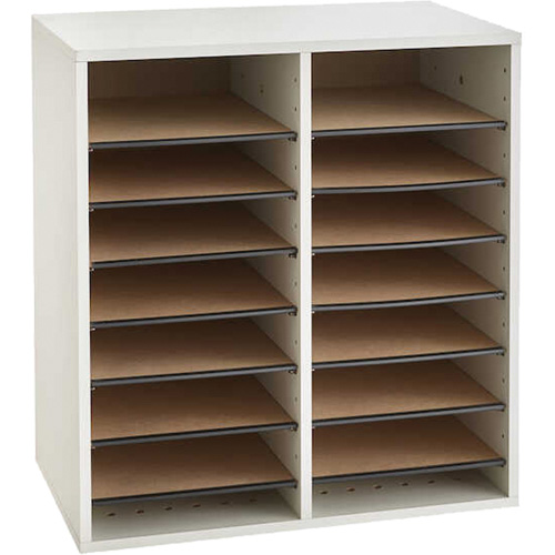 Adjustable Compartment Literature Organizer, Stationary, 16 Slots, Wood, 19-1/2" W x 11-3/4" D x 21" H Superchem Industries