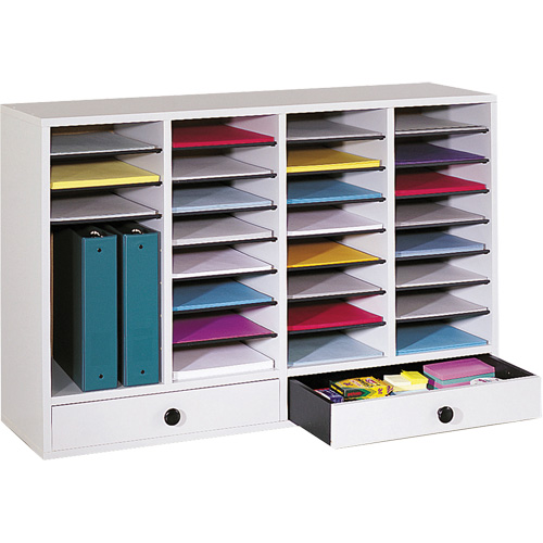 Adjustable Compartment Literature Organizer, Stationary, 34 Slots, Wood, 39-1/4" W x 11-3/4" D x 25-1/4" H Superchem Industries
