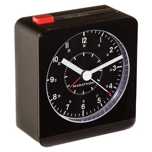 Desk Alarm Clock, Analog, Battery Operated, 3.5" W x 1.5" D x 3.75" H, Black Superchem Industries
