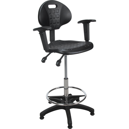 Heavy-Duty Ergonomic Stool with Adjustable Arm Rests, Stationary, Adjustable, 39" - 48", Polyurethane Seat, Black Superchem Industries