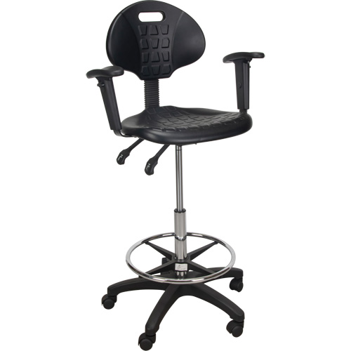Heavy-Duty Ergonomic Stool with Adjustable Arm Rests & Nylon Stem Casters, Mobile, Adjustable, 39" - 48", Polyurethane Seat, Black Superchem Industries