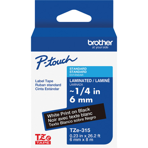 Ruban lamin&eacute; TZe-315 pour &eacute;tiqueteuses P-Touch compatibles avec les rubans TZe, Blanc sur noir, Largeur de 0,23" Superchem Industries