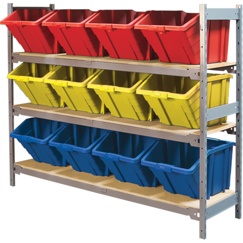 Wide Span Shelving with Jumbo Plastic Bins, Steel, Boltless, 800 lbs. Capacity, 66" W x 60" H x 18" D Superchem Industries