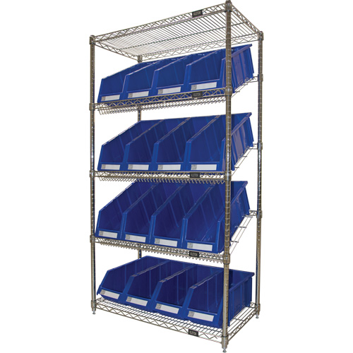Slanted Wire Shelf with Bins, 5 Tiers, 36" W x 63" H x 18" D Superchem Industries
