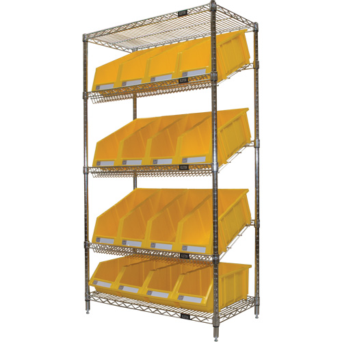 Slanted Wire Shelf with Bins, 5 Tiers, 36" W x 63" H x 18" D Superchem Industries