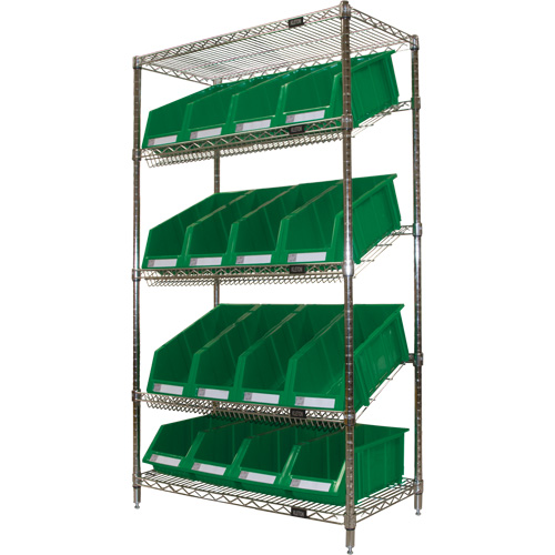 Slanted Wire Shelf with Bins, 5 Tiers, 36" W x 63" H x 18" D Superchem Industries