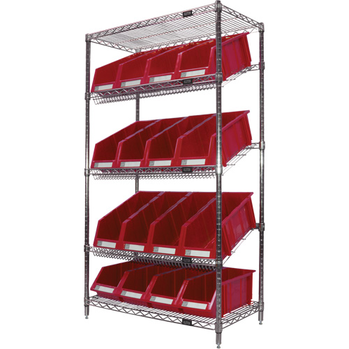 Slanted Wire Shelf with Bins, 5 Tiers, 36" W x 63" H x 18" D Superchem Industries