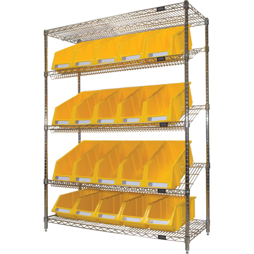 Slanted Wire Shelf with Bins, 5 Tiers, 48" W x 63" H x 18" D Superchem Industries
