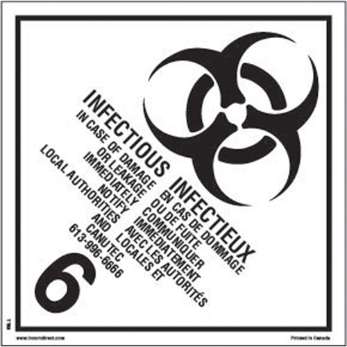 TDG Shipping Labels, Class 6.2, Infectious Substances, Vinyl Superchem Industries