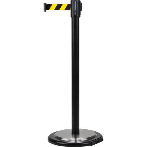 Barri&egrave;res sur pieds pour le contr&ocirc;le des foules, Acier, 35" h, Ruban Noir/Jaune, Longueur du ruban 7' Superchem Industries