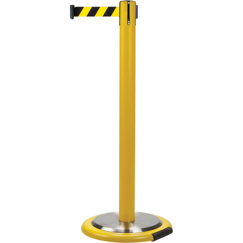 Barri&egrave;res sur pieds pour le contr&ocirc;le des foules, Acier, 35" h, Ruban Noir/Jaune, Longueur du ruban 7' Superchem Industries