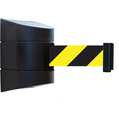 Tensabarrier&reg; Wall Mounted Units, Plastic, Magnetic Mount, 15', Black and Yellow Tape Superchem Industries