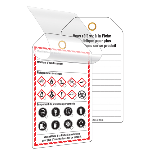 &eacute;tiquettes auto-plastifiantes pour le milieu de travail, Papier cartonn&eacute;, 3-3/8" la x 5-3/4" h, Français Superchem Industries