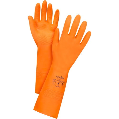Premium Orange Chemical-Resistant Gloves, Size Small/7, 13" L, Rubber Latex, Flock-Lined Inner Lining, 28-mil Superchem Industries