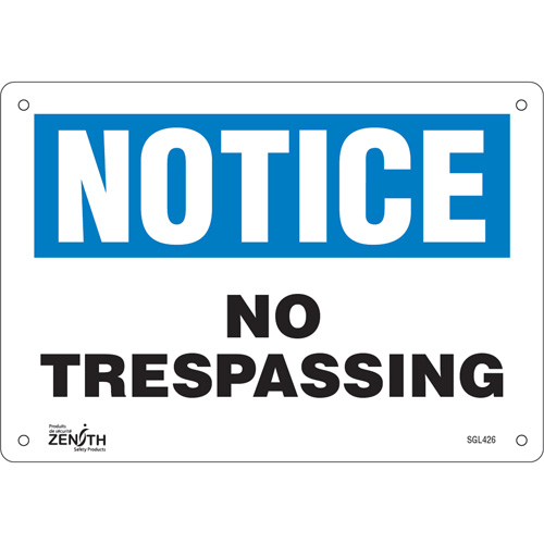 "No Trespassing" Sign, 7" x 10", Plastic, English Superchem Industries