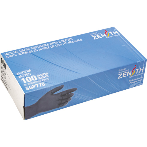 Gants jetables de calibre m&eacute;dical r&eacute;sistants &agrave; la perforation, Moyen, Nitrile, 5 mils, Sans poudre, Noir, Classe 2 Superchem Industries