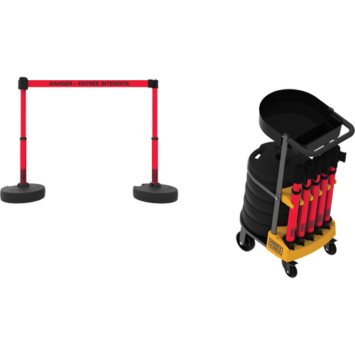 Syst&egrave;me de barri&egrave;re &agrave; chariot portatif avec plateau Plus, 75' lo, M&eacute;tal/Plastique, Rouge Superchem Industries