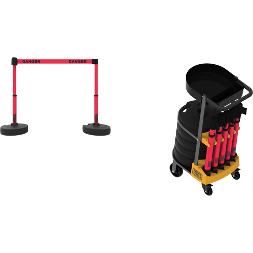 Syst&egrave;me de barri&egrave;re &agrave; chariot portatif avec plateau Plus, 75' lo, M&eacute;tal/Plastique, Rouge Superchem Industries