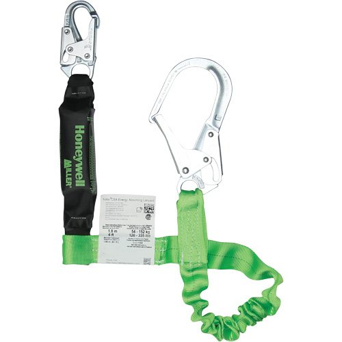 Miller&reg; StretchStop&reg; Shock-Absorbing Lanyard, 6', Scaffold Hook Center, Locking Snap Hook Leg Ends, Polyester Superchem Industries