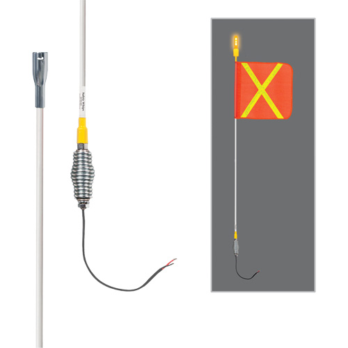 Tiges de s&eacute;curit&eacute; tout-temps de s&eacute;rie lourde avec lumi&egrave;re DEL constante Safety Whip, Fixation Ressort, Hauteur 3', Orange avec X r&eacute;fl&eacute;chissant Superchem Industries