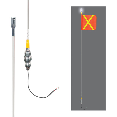 Tiges de s&eacute;curit&eacute; tout-temps de s&eacute;rie lourde avec lumi&egrave;re DEL constante Safety Whip, Fixation Ressort, Hauteur 5', Orange avec X r&eacute;fl&eacute;chissant Superchem Industries