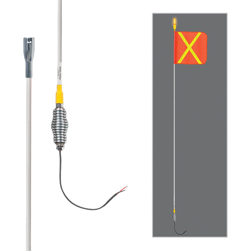 Tiges de s&eacute;curit&eacute; tout-temps de s&eacute;rie lourde avec lumi&egrave;re DEL constante Safety Whip, Fixation Ressort, Hauteur 10', Orange avec X r&eacute;fl&eacute;chissant Superchem Industries