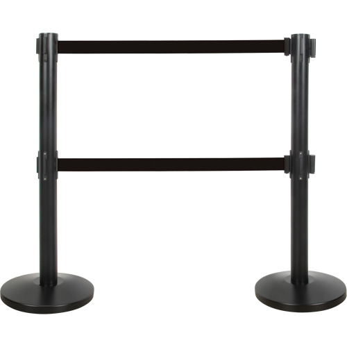 Barri&egrave;re pour le contr&ocirc;le des foules &agrave; courroie double, Acier, 35" h, Ruban Noir, Longueur du ruban 7' Superchem Industries