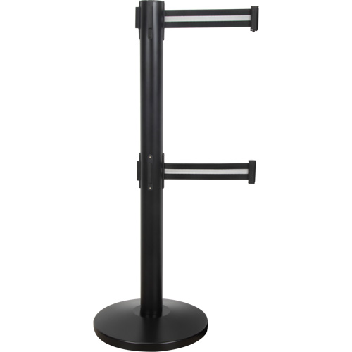 Dual Belt Crowd Control Barrier, Steel, 35" H, Black/White Tape, 7' Tape Length Superchem Industries
