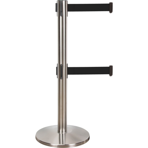 Barri&egrave;re pour le contr&ocirc;le des foules &agrave; courroie double, Acier, 35" h, Ruban Noir, Longueur du ruban 7' Superchem Industries