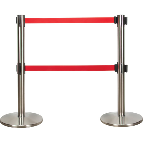 Barri&egrave;re pour le contr&ocirc;le des foules &agrave; courroie double, Acier, 35" h, Ruban Rouge, Longueur du ruban 7' Superchem Industries