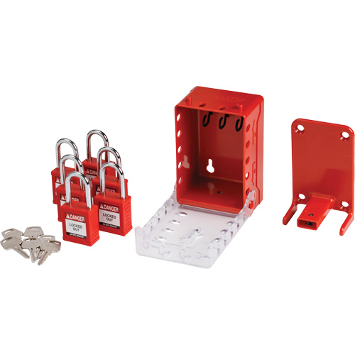 Boîte de cadenassage de groupe ultra compacte avec cadenas de s&eacute;curit&eacute; en nylon, Rouge Superchem Industries