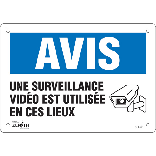 "Surveillance vid&eacute;o" Sign, 7" x 10", Plastic, French with Pictogram Superchem Industries