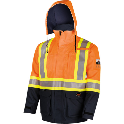 4484 Manteau de s&eacute;curit&eacute; Defender antistatique/ignifuge/anti-arc &eacute;lectrique en trilamin&eacute;, Petit, Noir/Orange haute visibilit&eacute;, 11 cal/cm² Superchem Industries