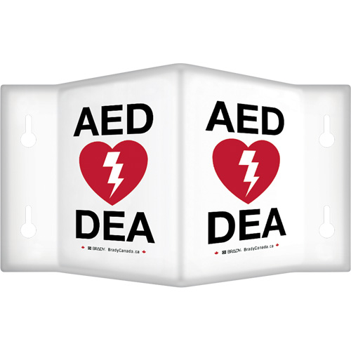 Enseigne &agrave; projection sur 90°  AED/ DEA , 6" x 5", Plastique, Bilingue avec pictogramme Superchem Industries