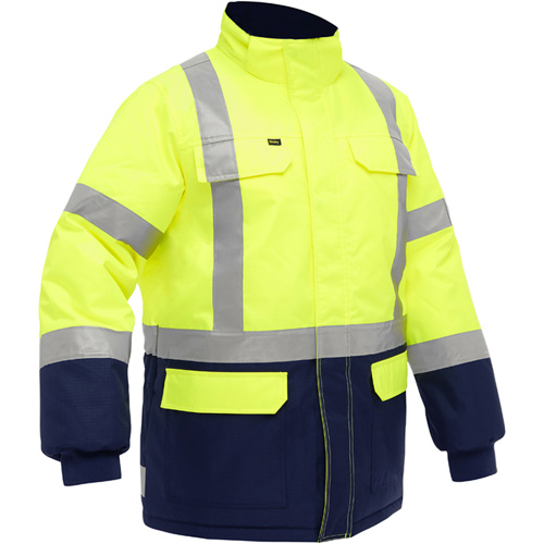Manteau pour le froid extr&ecirc;me avec bas bleu marin et X au dos Bisley, Polyester, Jaune lime haute visibilit&eacute;, T-Grand Superchem Industries