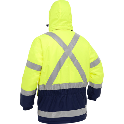 Manteau pour le froid extr&ecirc;me avec bas bleu marin et X au dos Bisley, Polyester, Jaune lime haute visibilit&eacute;, T-Grand Superchem Industries