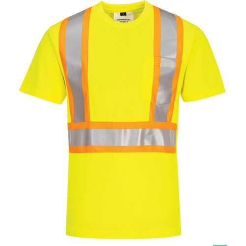 Contrast-Striped Safety T-Shirt, Polyester, Small, High Visibility Lime-Yellow Superchem Industries