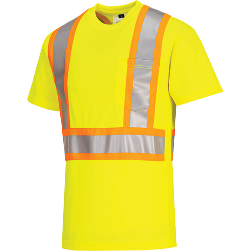 Contrast-Striped Safety T-Shirt, Polyester, Small, High Visibility Lime-Yellow Superchem Industries