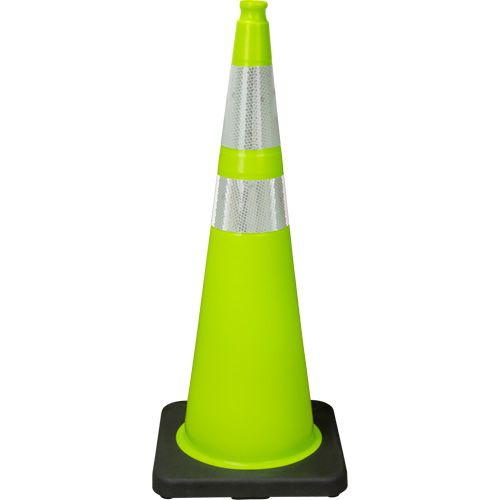 C&ocirc;ne de signalisation de premi&egrave;re qualit&eacute;, 36", Vert lime, Bande(s) r&eacute;fl&eacute;chissante(s) 4" & 6" Superchem Industries
