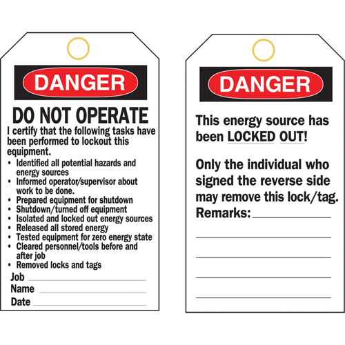 Lockout Tags, Plastic, 3" W x 5-3/4" H, English Superchem Industries
